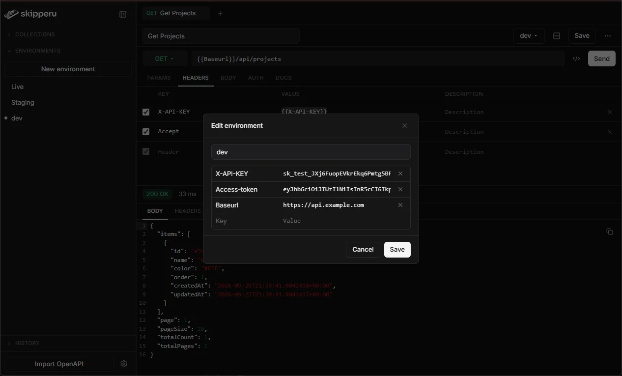 Editing the variables of the dev environment