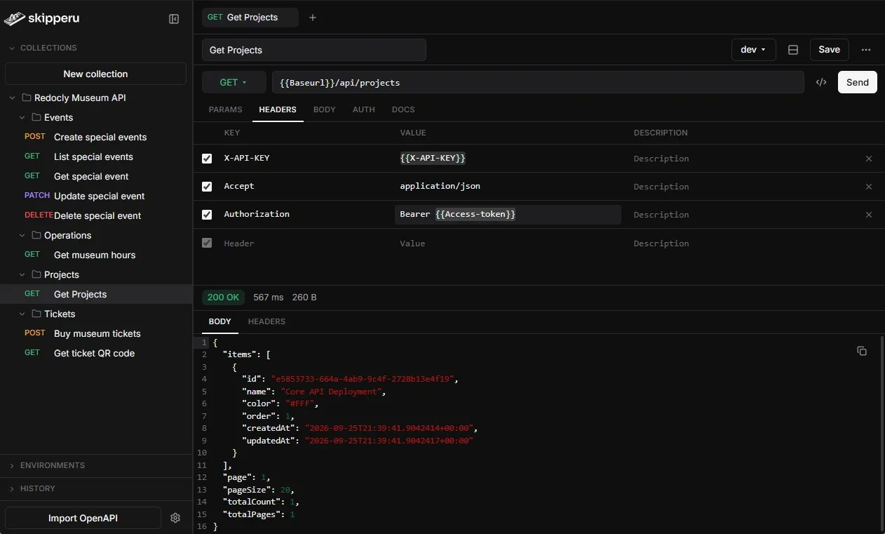 Skipperu showing a saved request collection and a JSON response