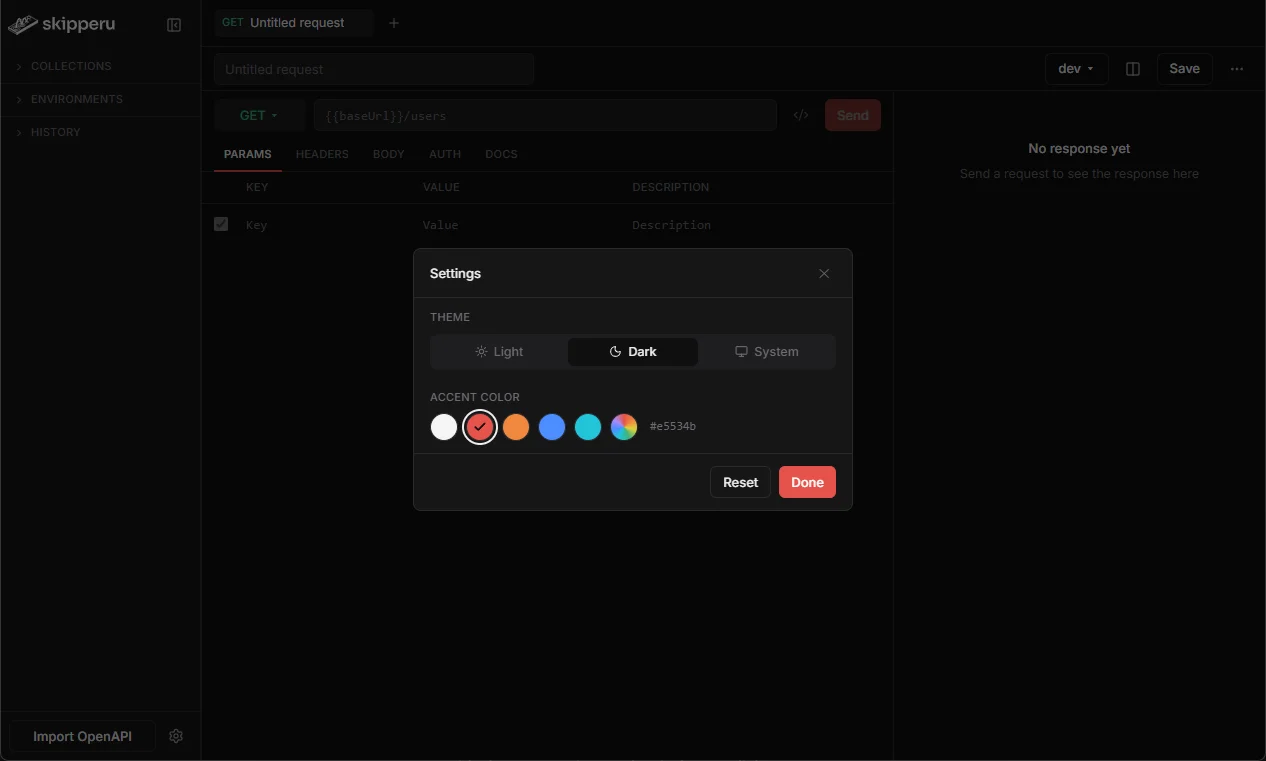 The theme and accent color settings