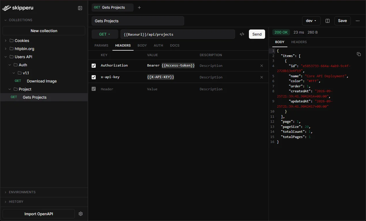 A request using variables in its headers